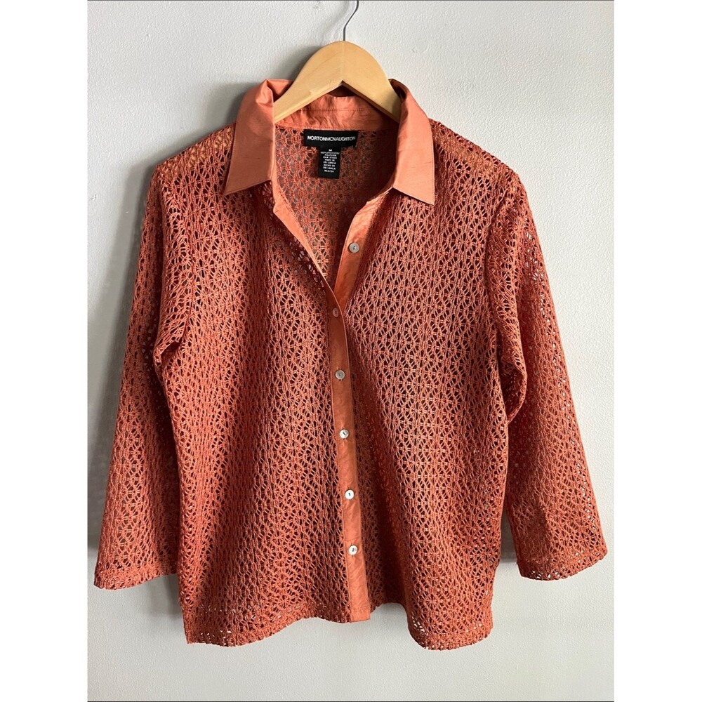 Rust Orange Crochet Knit Button Up Top Medium Boho Open Weave Shirt
